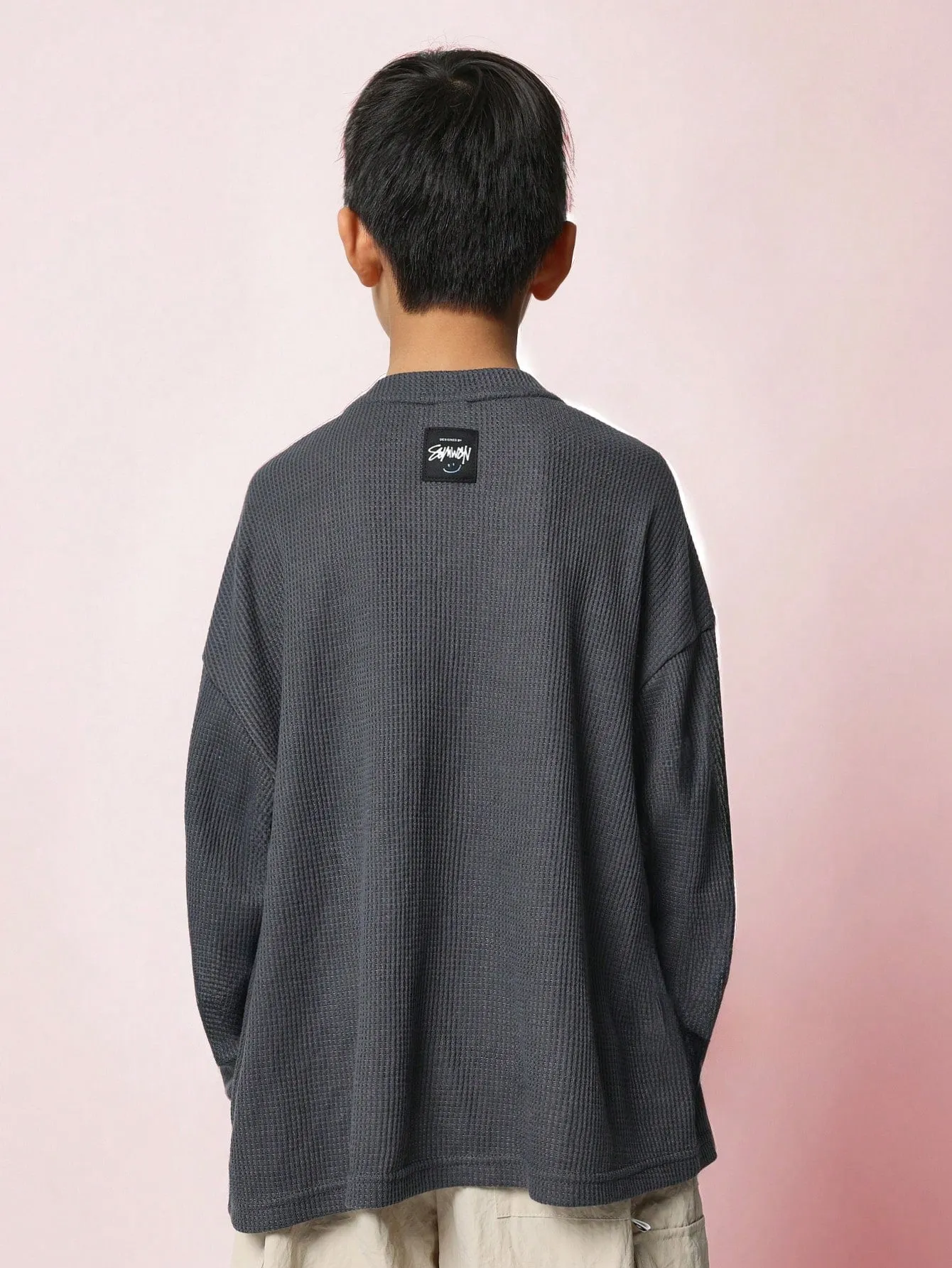 Tween Boys Comfy Regular Fit Long Sleeve Waffle Tee With Small Embroidery Pattern