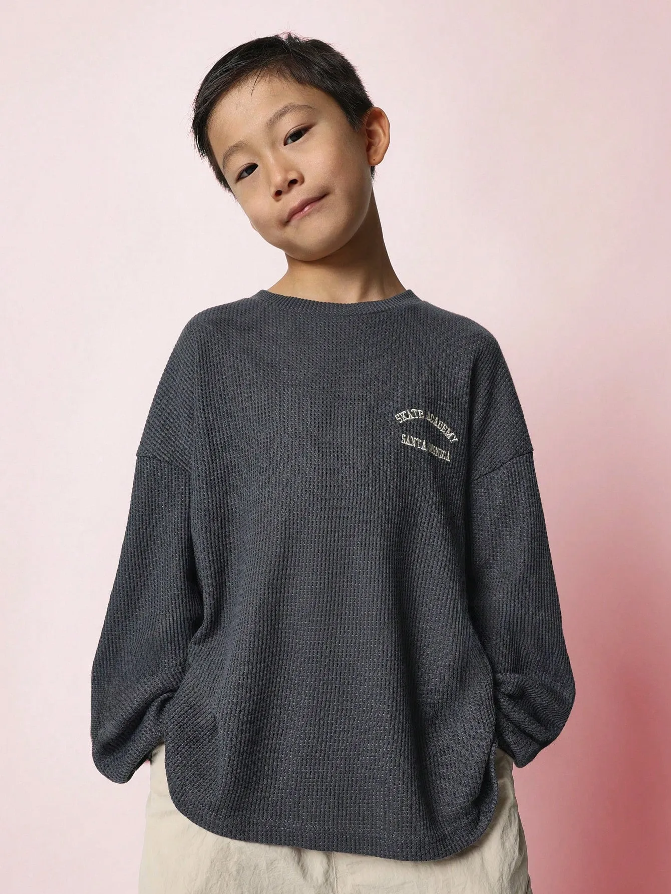 Tween Boys Comfy Regular Fit Long Sleeve Waffle Tee With Small Embroidery Pattern