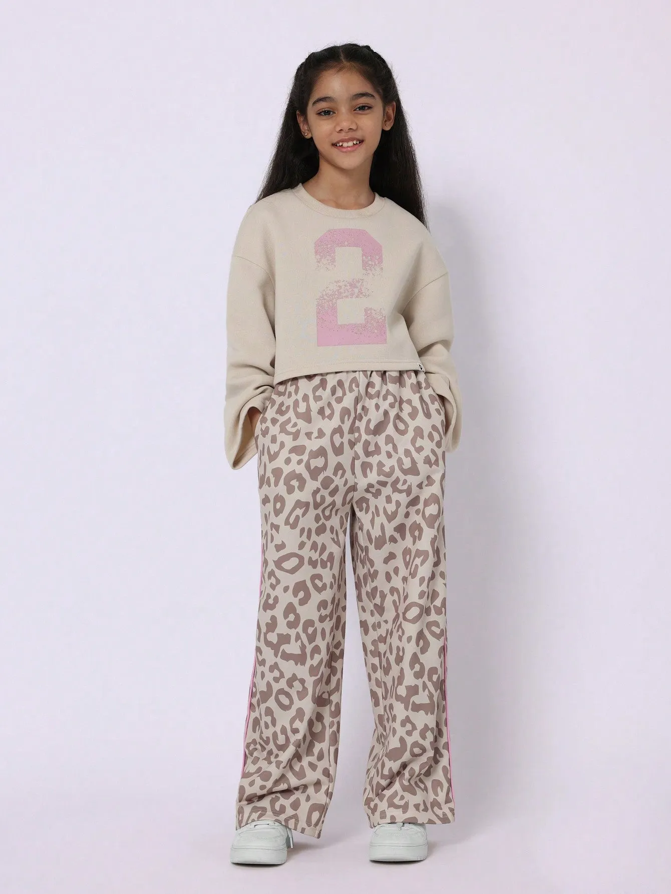 Tween Girl Comfy Crop Fit Flare Sleeve Tee With Number Graphic Print