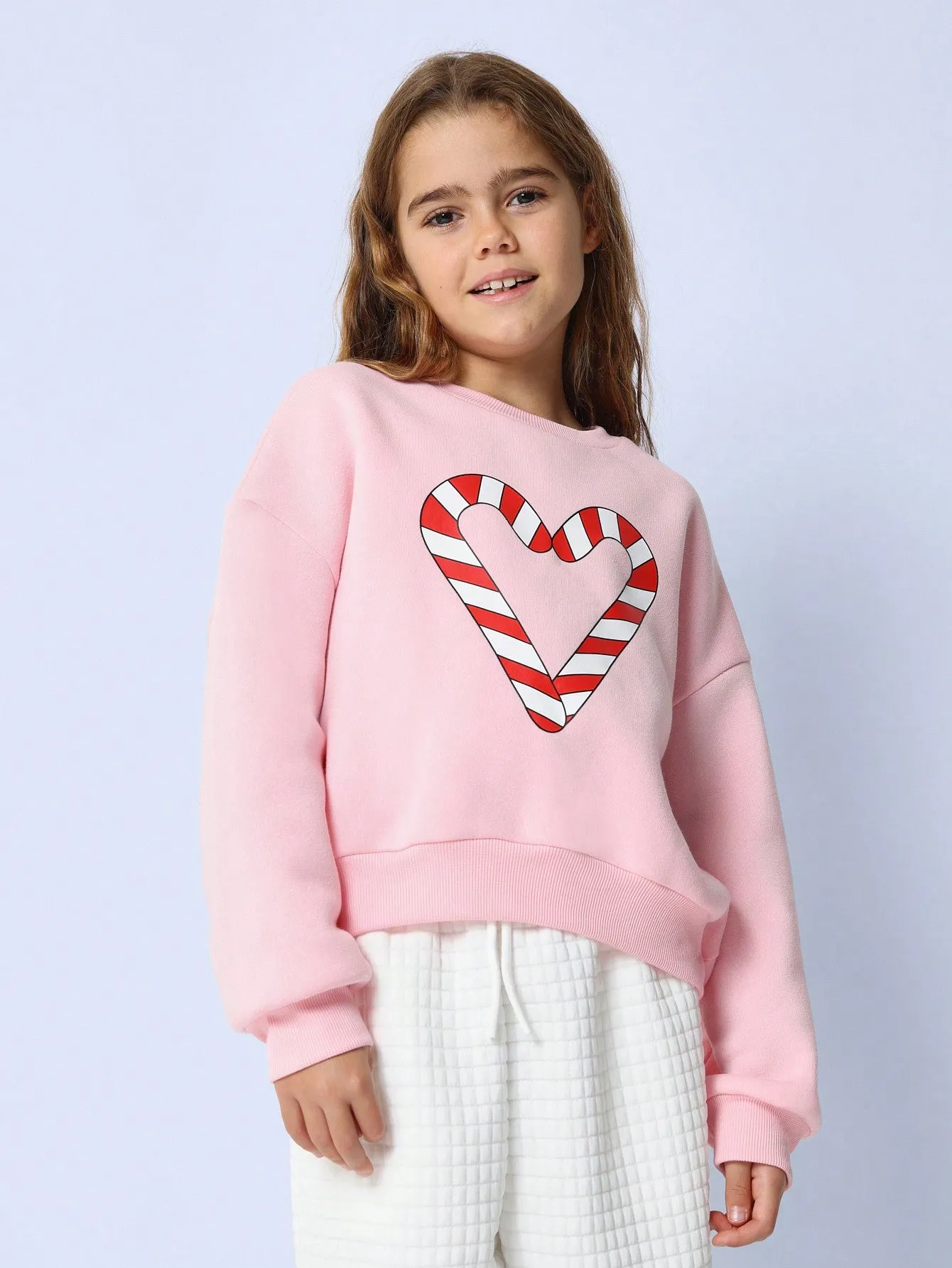 Tween Girls Comfy Christmas Pink Crew Neck Sweatshirt With Heart Candy Cane