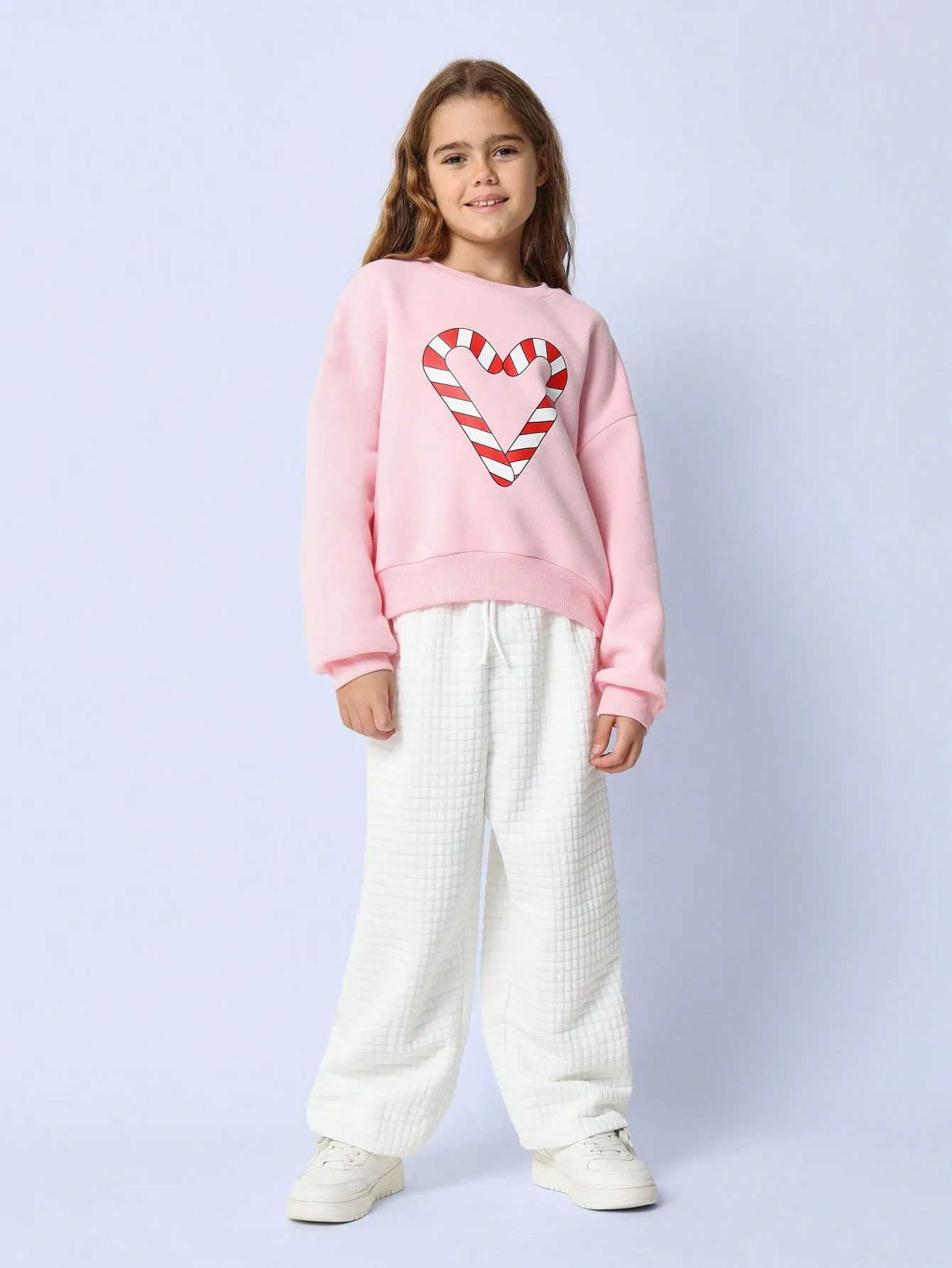 Tween Girls Comfy Christmas Pink Crew Neck Sweatshirt With Heart Candy Cane