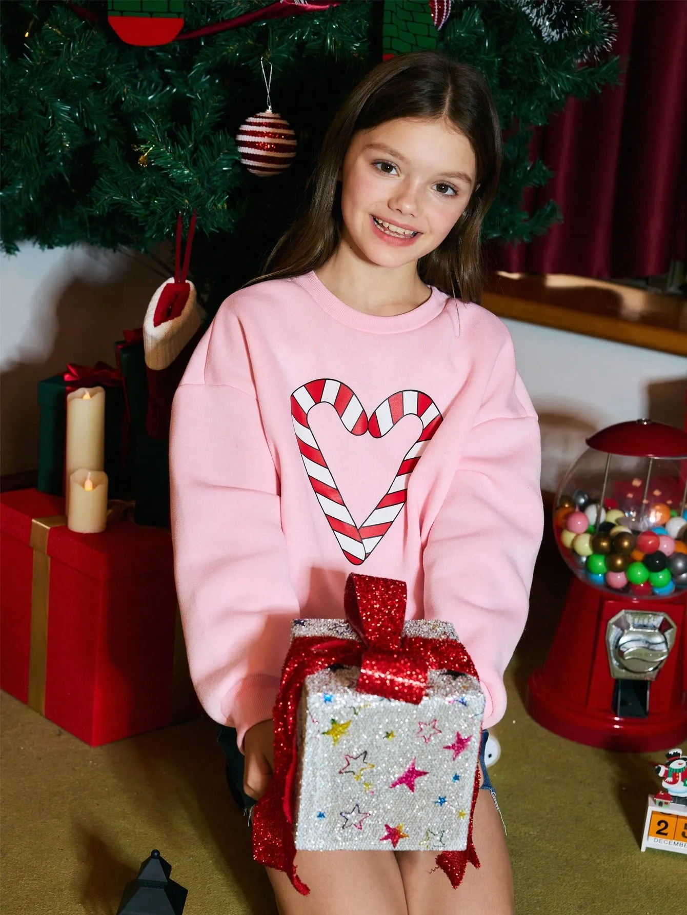 Tween Girls Comfy Christmas Pink Crew Neck Sweatshirt With Heart Candy Cane