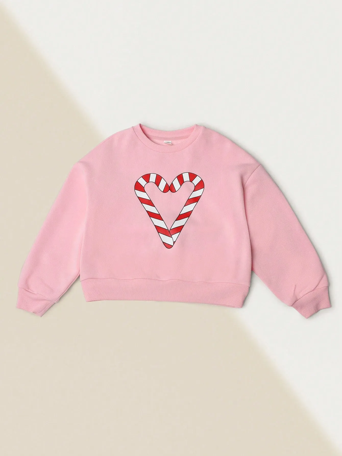 Tween Girls Comfy Christmas Pink Crew Neck Sweatshirt With Heart Candy Cane