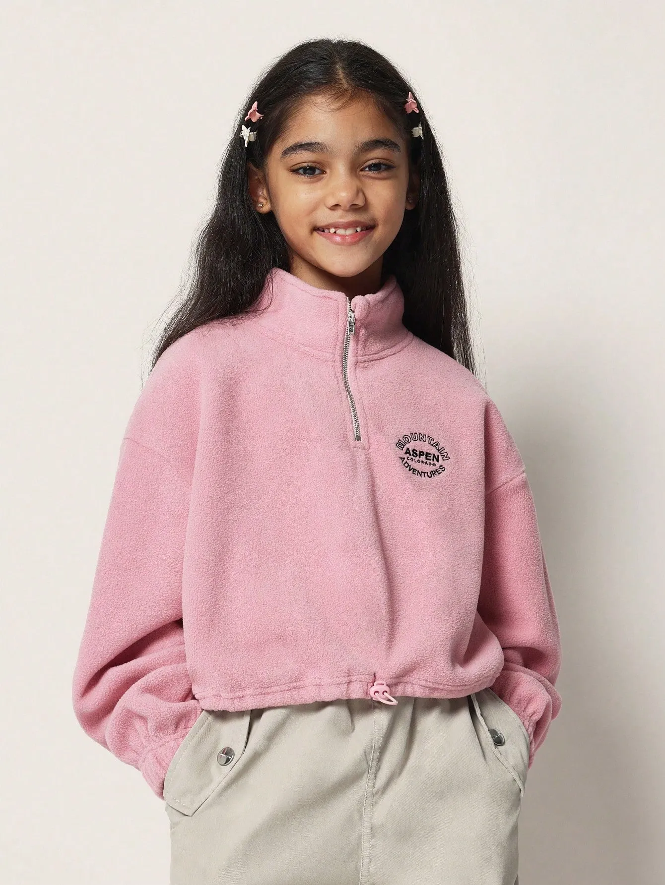 Tween Girls Comfy Cropped Borg Funnel Neck Half Zip Sweater With Embroidery