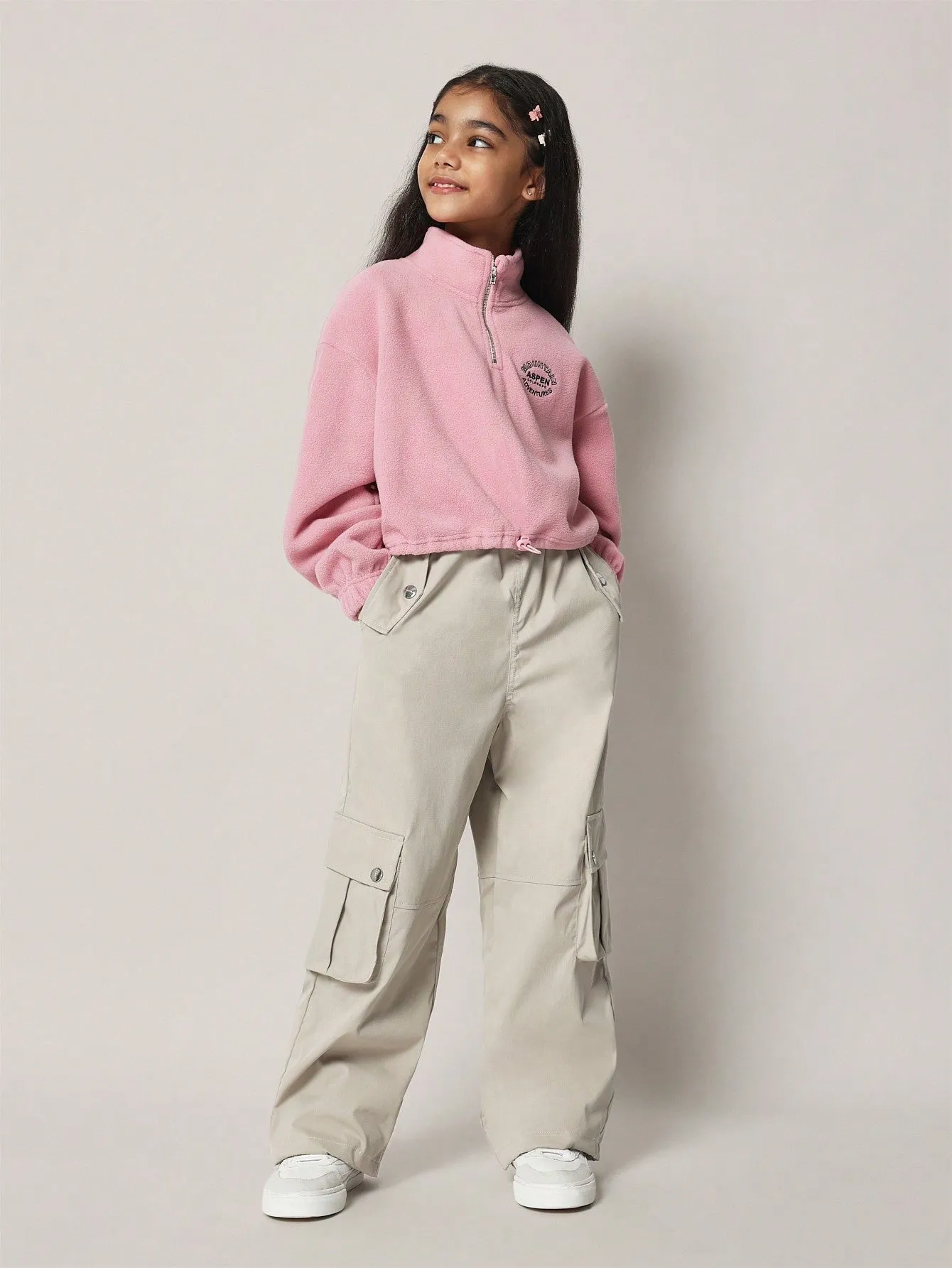 Tween Girls Comfy Cropped Borg Funnel Neck Half Zip Sweater With Embroidery