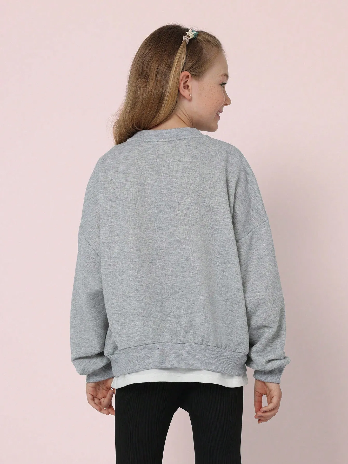 Tween Girls Comfy Grey Marl Oversized Sweater With Graphic Print