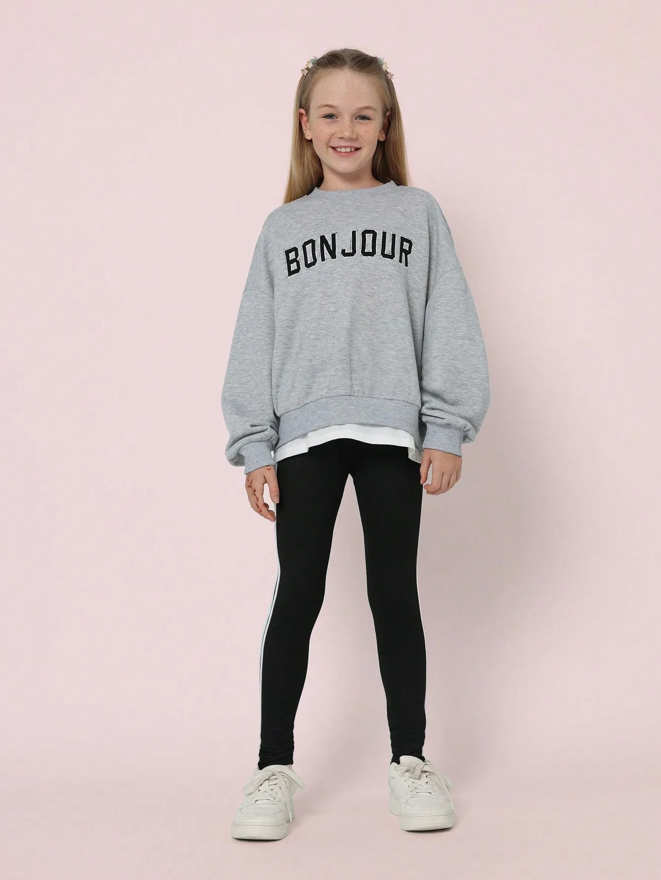 Tween Girls Comfy Grey Marl Oversized Sweater With Graphic Print