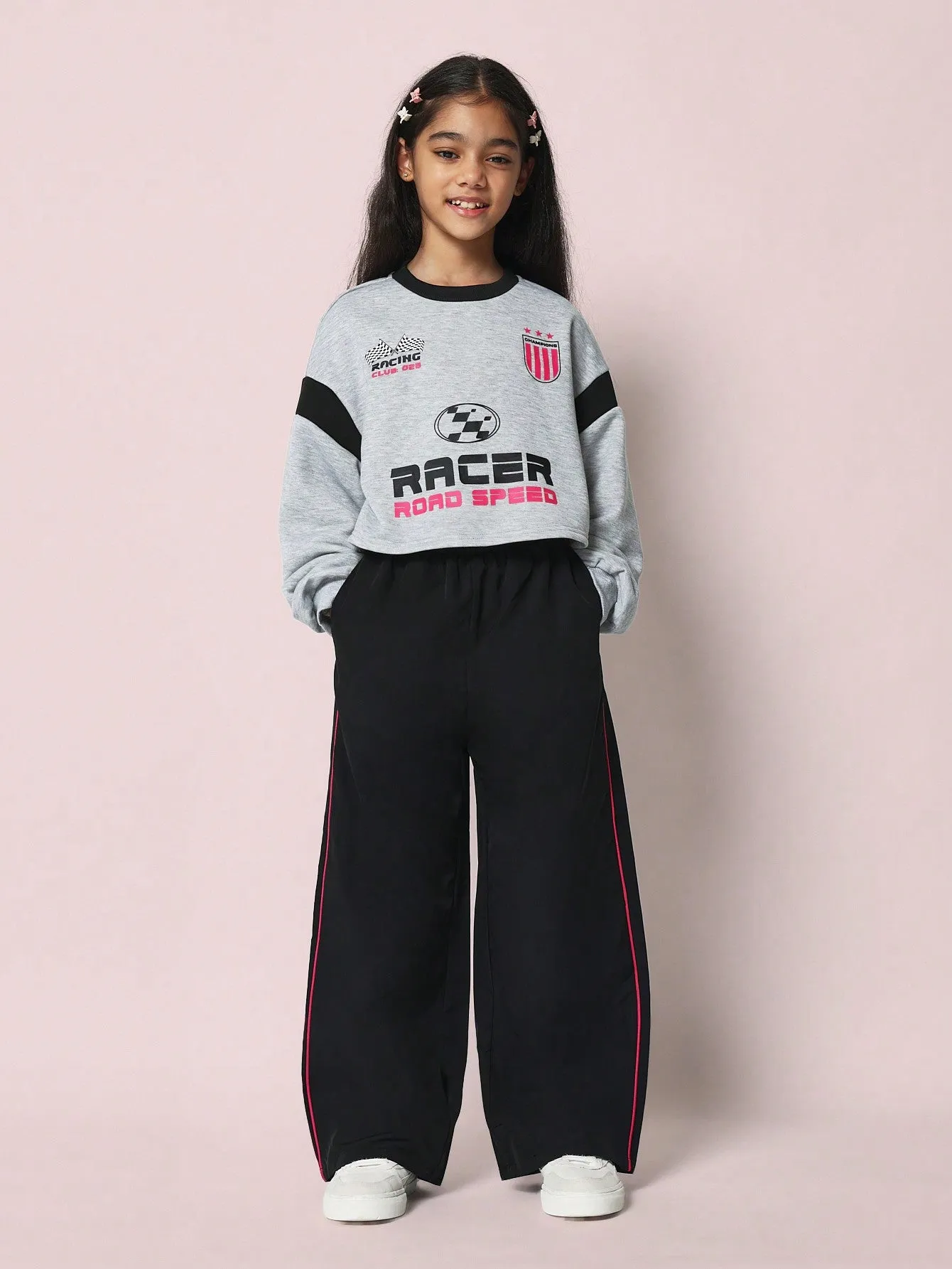 Tween Girls Comfy Racer Style Crop Sweatshirt With Graphic Print