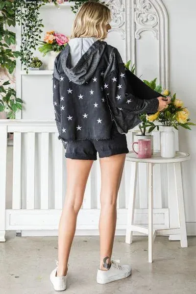 Veveret Star Embroidered Hooded Black Denim Jacket