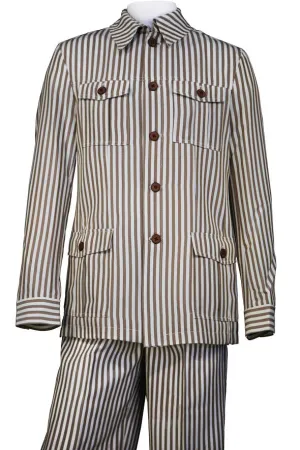 Victorian Stripes Vintage Quad Pocket Long Sleeve 2pc Walking Suit Set - Coffee