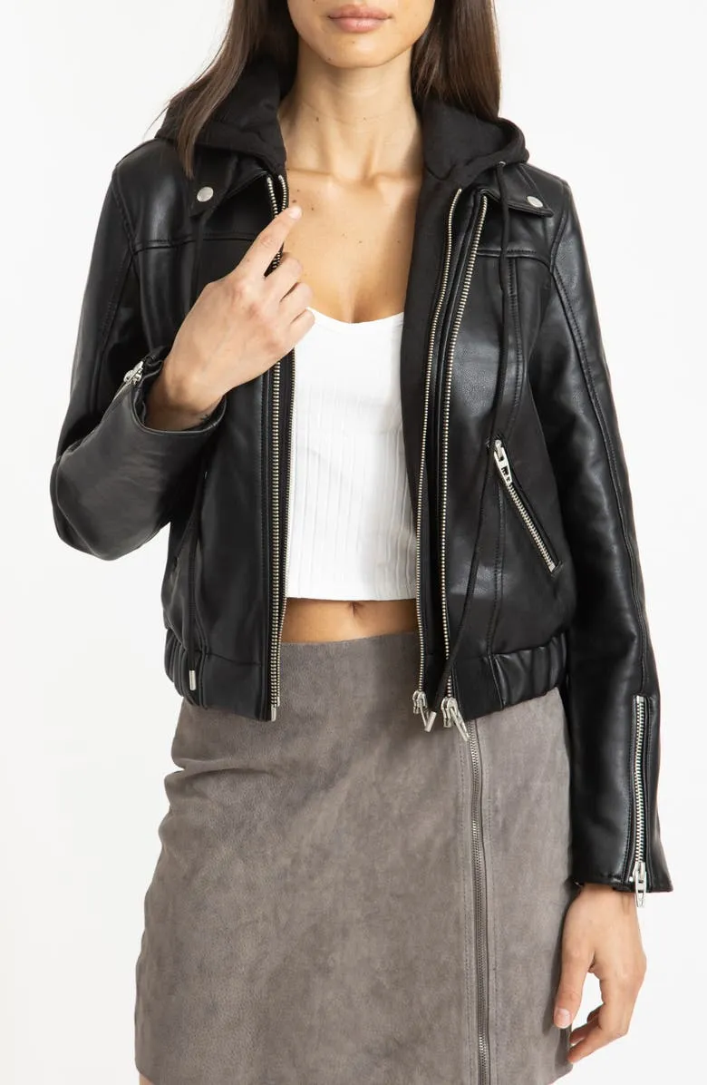 Womens biker hooded Leather jacket in Black