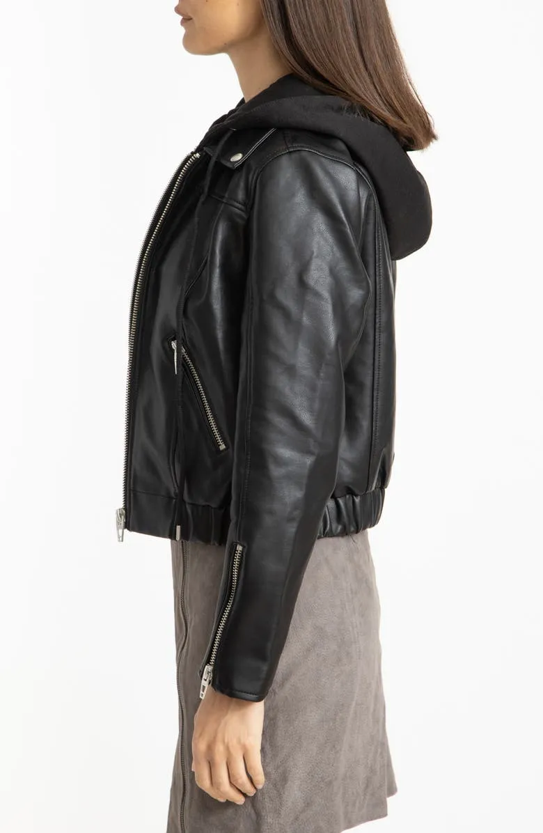 Womens biker hooded Leather jacket in Black