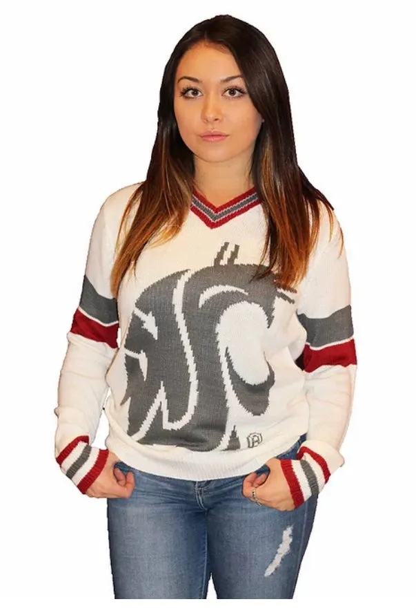 WSU White with Gray Logo and Striped Collar Tribute V-Neck Sweater (UNISEX SIZING)